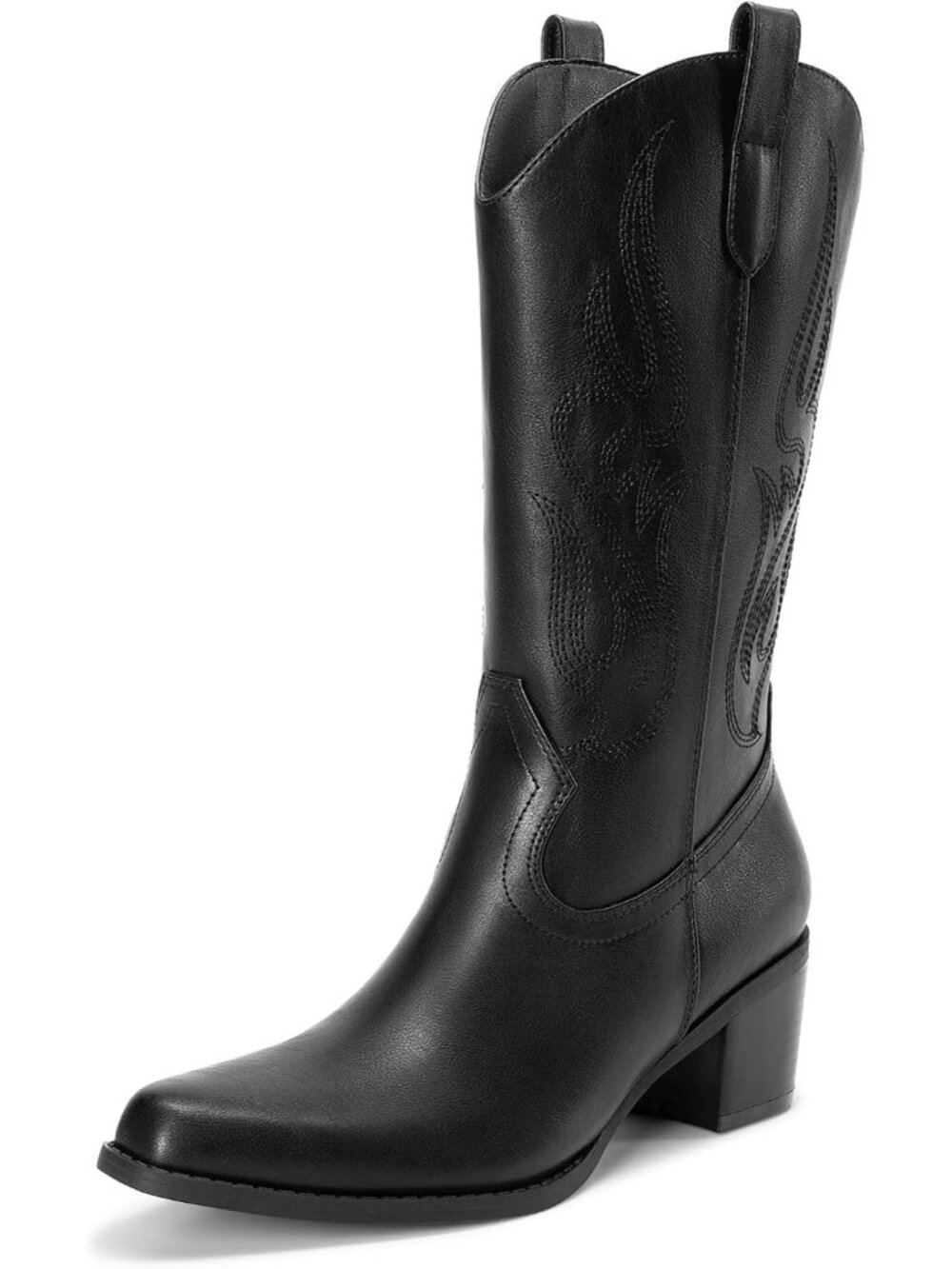 Women's Black Faux Leather Comfort Square Toe Mid Calf Western Cowgirl Boots
